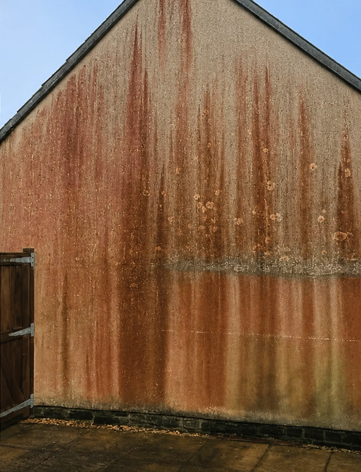 Rear wall with green growth and rust streaks